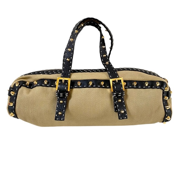 FENDI SELLERIA CANVAS HANDBAG WITH LEATHER TRIM, VINTAGE, TAN / BLACK - Picture 1 of 16